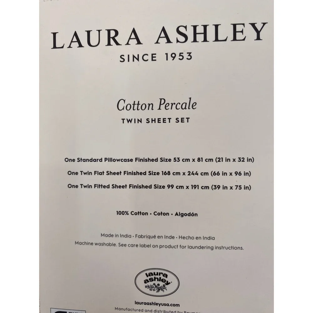 Laura Ashley Sheet Set Twin White Cotton Percale Solid 200TC Crisp Minimalist